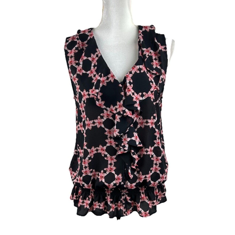 Karl Lagerfeld Paris Babeth Floral Ruffle Peplum Sleeveless Blouse -Size Medium